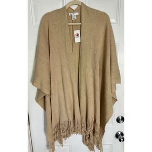 Say What ? Womens Metallic Gold Knit Fringe Poncho Wrap Tan One Size NWT